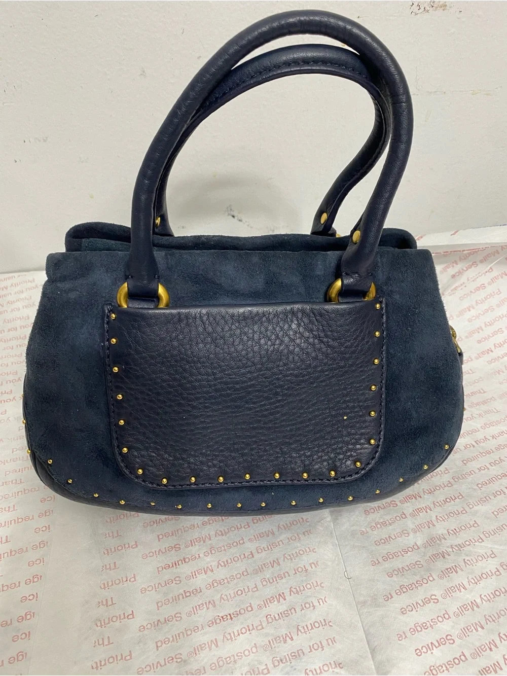 Cole Haan Suede and Leather Exterior Satchel Handbag with Gold Hardware. New